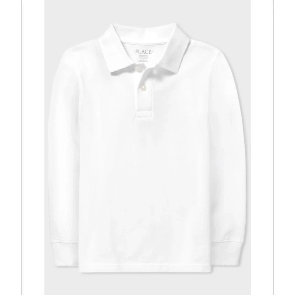 The Children's Place Boys Size Large 10-12 White Long Sleeve Uniform Pique Polo